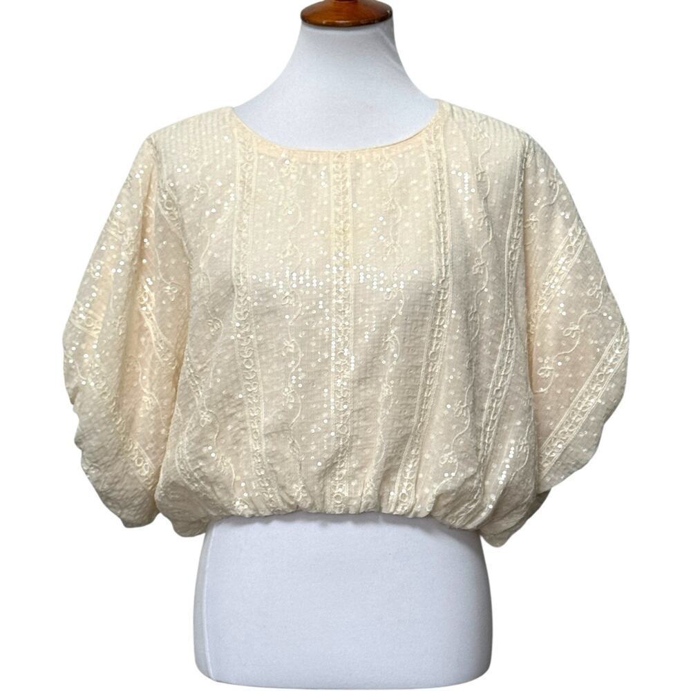 Anthropologie Endless Rose Women’s Ivory Sequin Bubble Crop Top Blouse Size XL